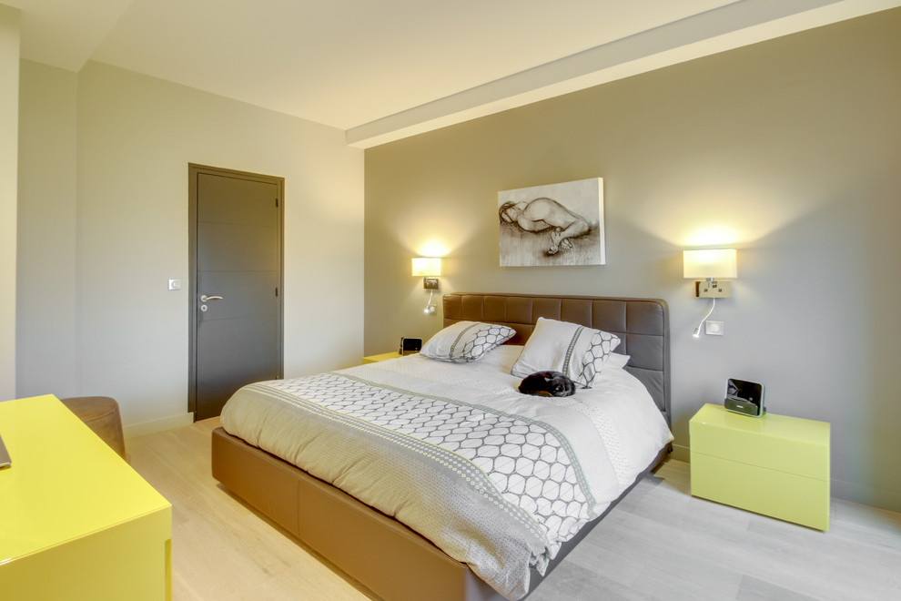 Example of a large trendy master light wood floor bedroom design in Rennes with gray walls