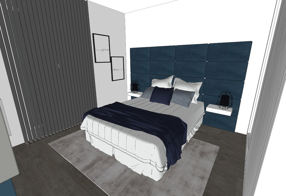 Réalisation d'une chambre parentale minimaliste de taille moyenne avec un mur blanc, parquet foncé et un sol marron.