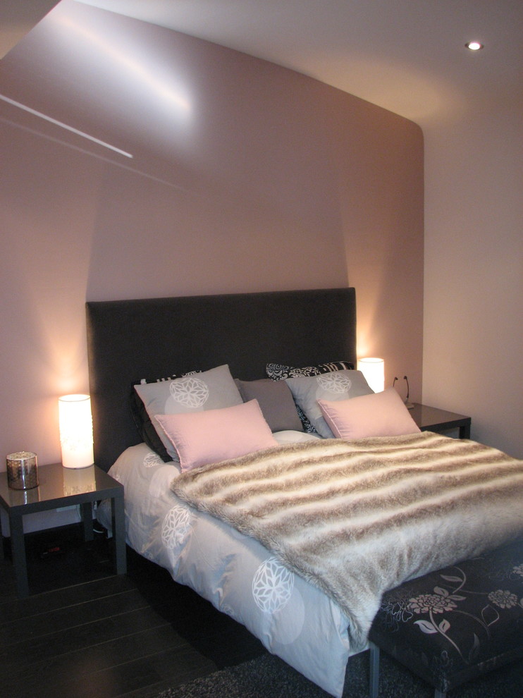 レンヌにある中くらいなコンテンポラリースタイルのおしゃれな主寝室 (ピンクの壁、濃色無垢フローリング、暖炉なし) のレイアウト