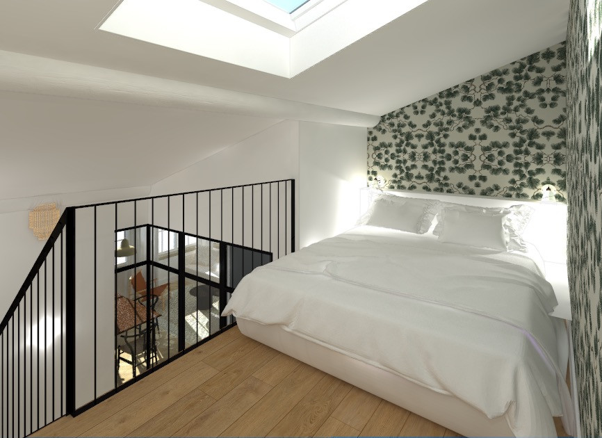 Cette image montre une chambre minimaliste avec un mur blanc, parquet clair et du papier peint.