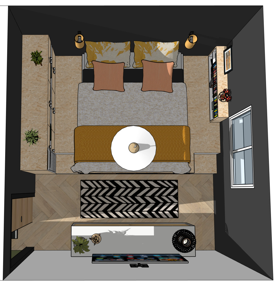 Mittelgroßes Uriges Hauptschlafzimmer ohne Kamin mit grauer Wandfarbe, hellem Holzboden, beigem Boden und Tapetendecke in Sonstige