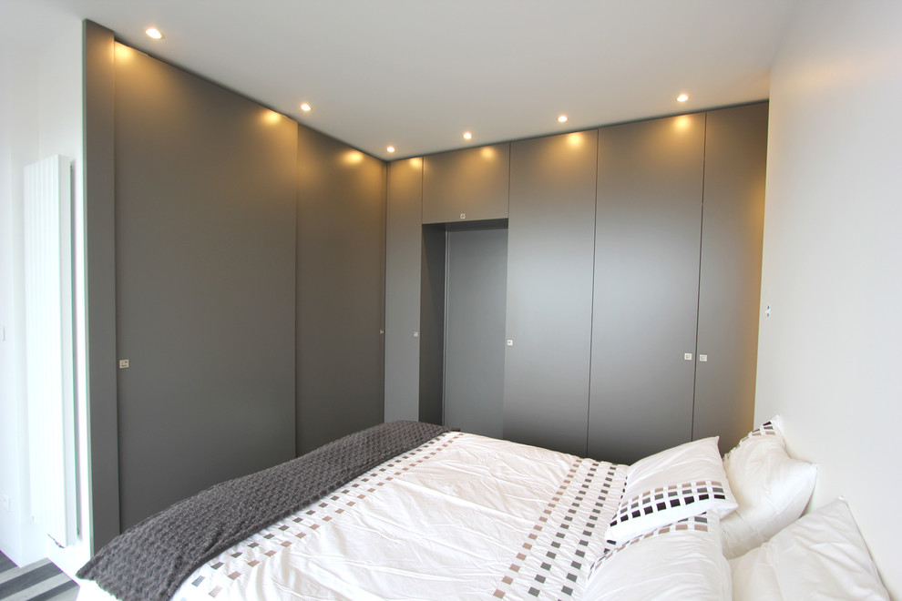 Design ideas for a medium sized contemporary master bedroom in Lyon with white walls, laminate floors and grey floors.