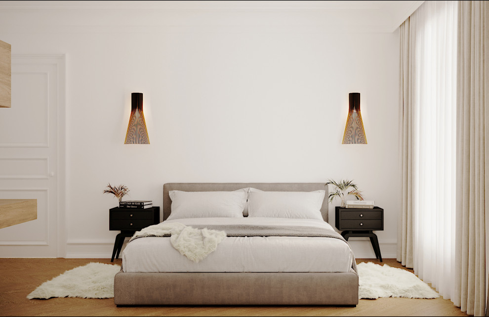 Exemple d'une chambre parentale haussmannienne et beige et blanche tendance de taille moyenne avec un mur beige, parquet clair, aucune cheminée, un sol beige, un plafond décaissé et du papier peint.