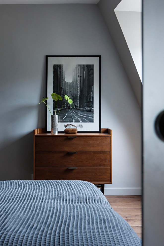 Diseño de dormitorio principal moderno pequeño con paredes grises y suelo de madera en tonos medios
