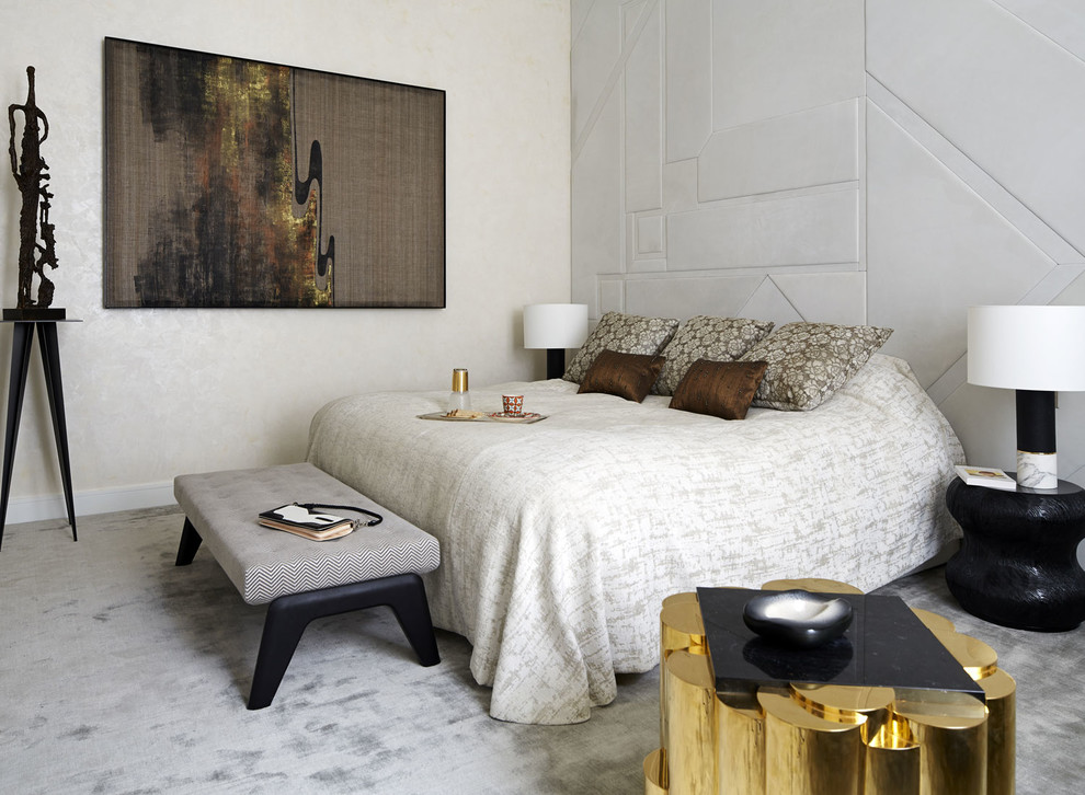 Example of a huge trendy master carpeted and gray floor bedroom design in Paris with gray walls