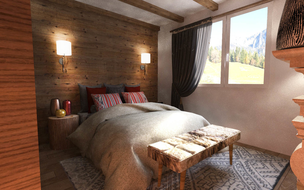 ディジョンにある中くらいなラスティックスタイルのおしゃれな主寝室 (オレンジの壁、淡色無垢フローリング、標準型暖炉、石材の暖炉まわり)