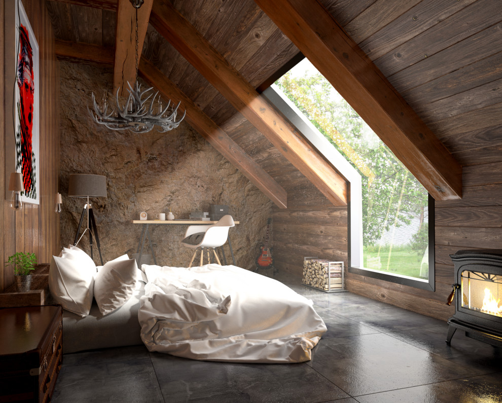 Источник вдохновения для домашнего уюта: большая хозяйская спальня в стиле рустика с коричневыми стенами, полом из керамической плитки, печью-буржуйкой, фасадом камина из бетона и серым полом