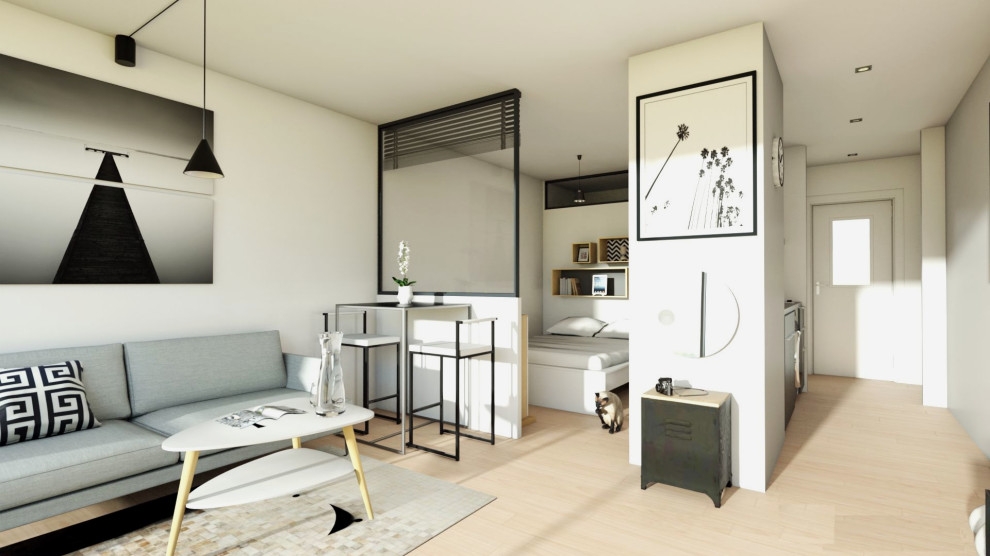 Diseño de dormitorio actual pequeño con paredes blancas y suelo de madera clara