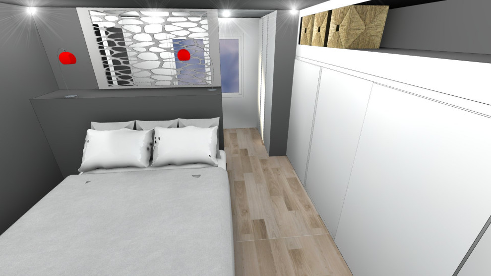 Imagen de dormitorio principal actual de tamaño medio con paredes negras, suelo de madera clara y suelo beige