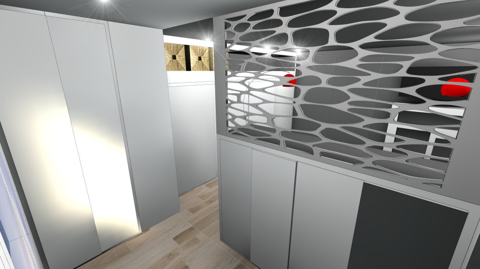 Imagen de dormitorio principal contemporáneo de tamaño medio con paredes negras, suelo de madera clara y suelo beige
