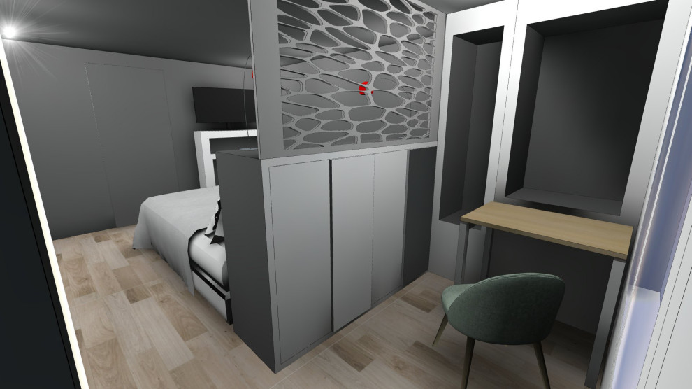 Источник вдохновения для домашнего уюта: хозяйская спальня среднего размера в современном стиле с черными стенами, светлым паркетным полом и бежевым полом