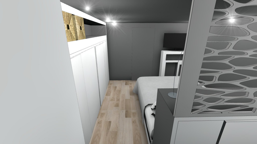 Modelo de dormitorio principal actual de tamaño medio con paredes negras, suelo de madera clara y suelo beige