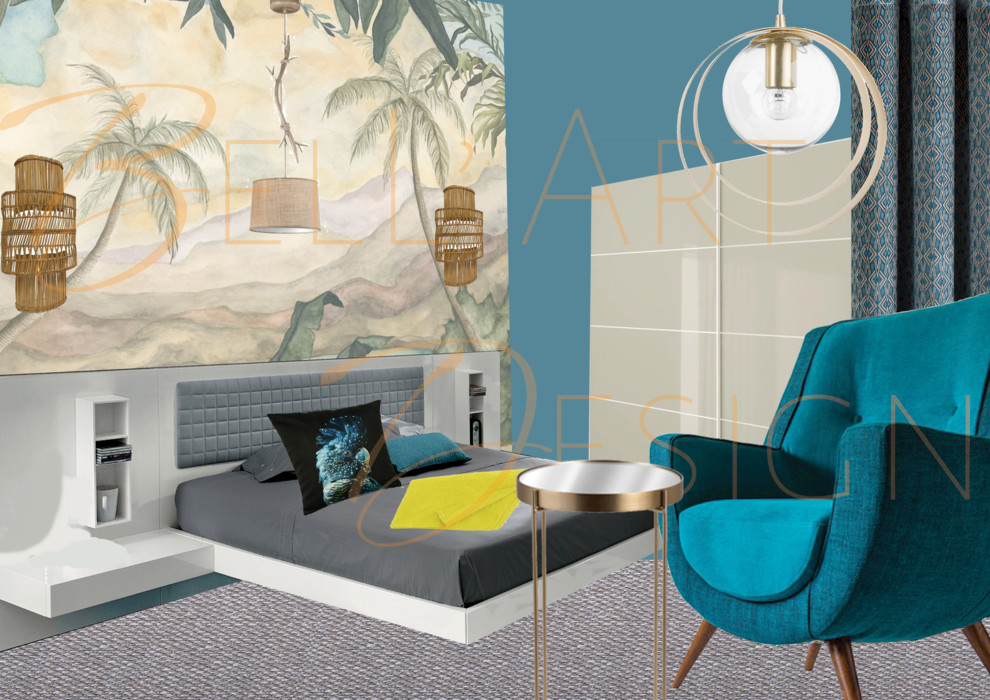 Inspiration för ett mellanstort tropiskt huvudsovrum, med blå väggar, tatamigolv och grått golv