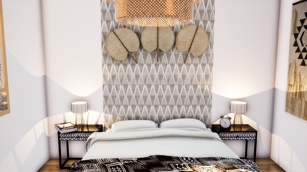Imagen de dormitorio principal exótico de tamaño medio con paredes blancas y suelo de madera clara