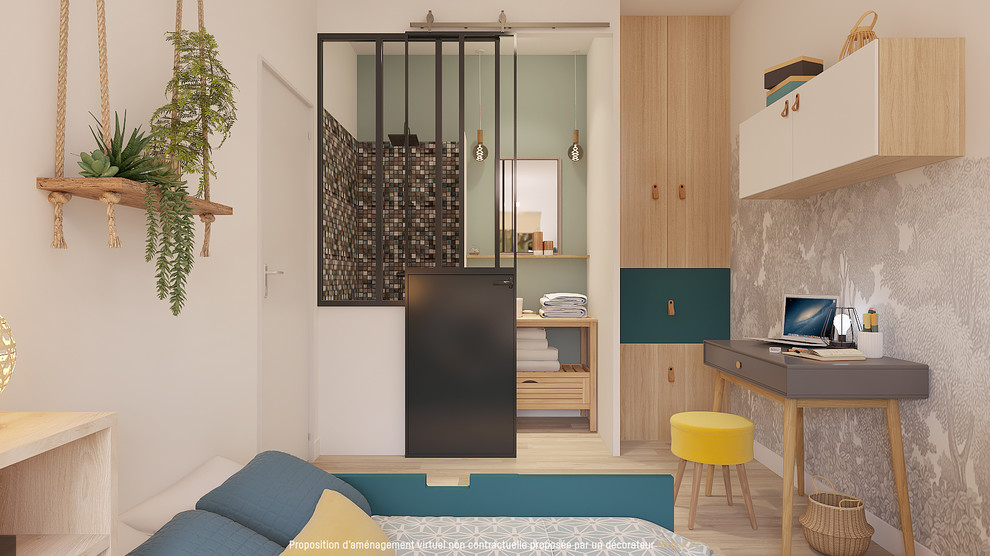 Идея дизайна: гостевая спальня (комната для гостей) в скандинавском стиле с светлым паркетным полом