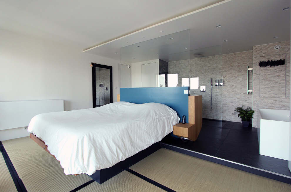 На фото: большая хозяйская спальня в современном стиле с белыми стенами с