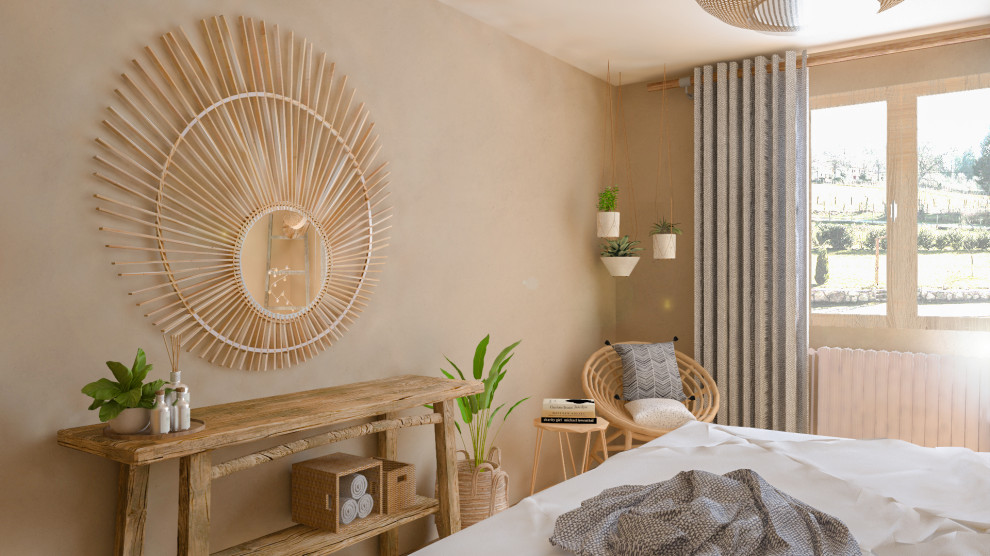 Bedroom - small farmhouse master medium tone wood floor, brown floor and wallpaper bedroom idea in Lyon with beige walls
