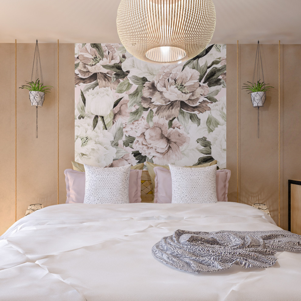 Foto de dormitorio principal campestre pequeño con paredes beige, suelo de madera en tonos medios, suelo marrón y papel pintado