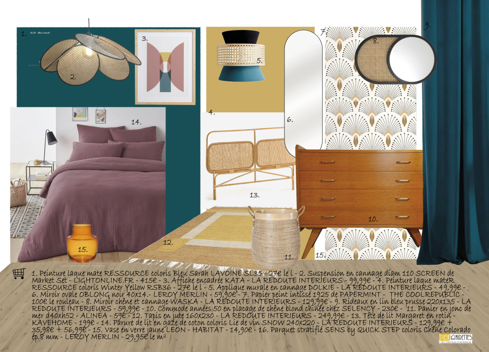 Inspiration pour une petite chambre parentale vintage avec un mur bleu, parquet clair et un sol marron.