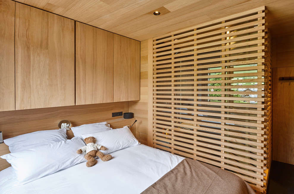 Inspiration for a medium sized scandi master bedroom in Lyon with light hardwood flooring.