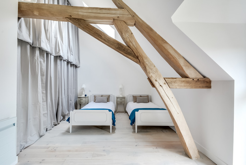 Design ideas for a large scandi guest bedroom in Other with white walls, light hardwood flooring and beige floors.