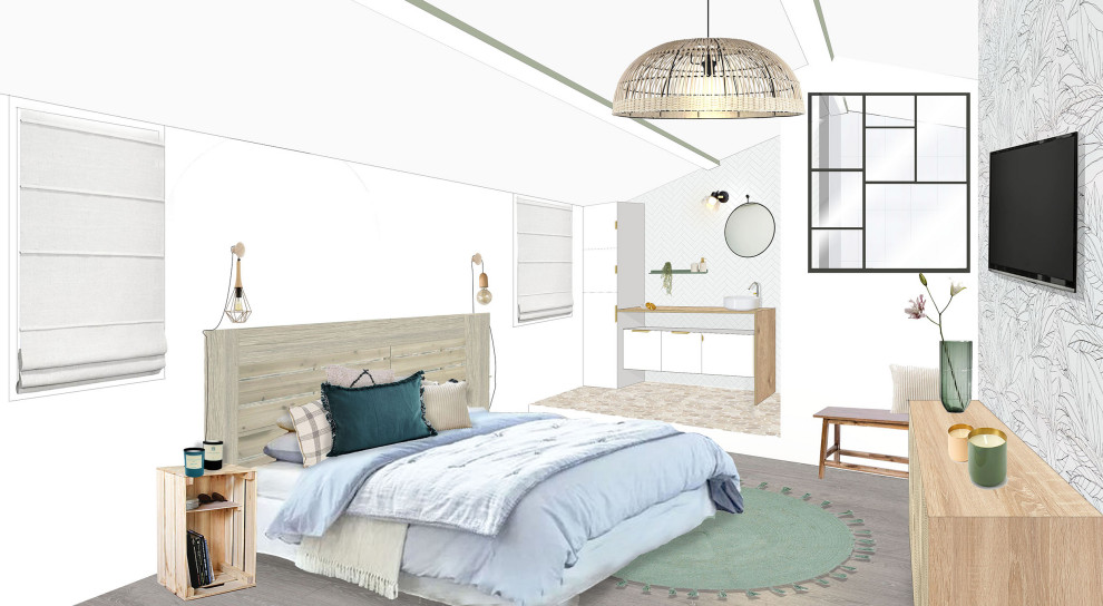 Kleines Skandinavisches Hauptschlafzimmer ohne Kamin mit beiger Wandfarbe, braunem Holzboden, freigelegten Dachbalken und Tapetenwänden in Montpellier