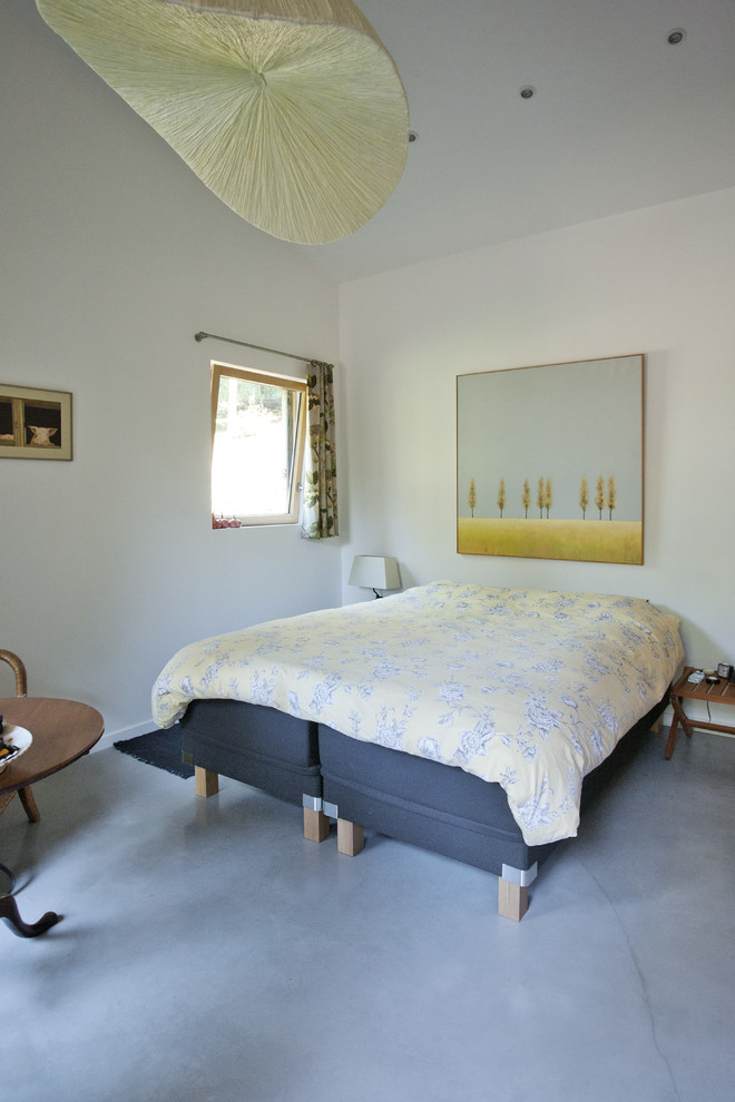 Diseño de habitación de invitados actual de tamaño medio con paredes blancas