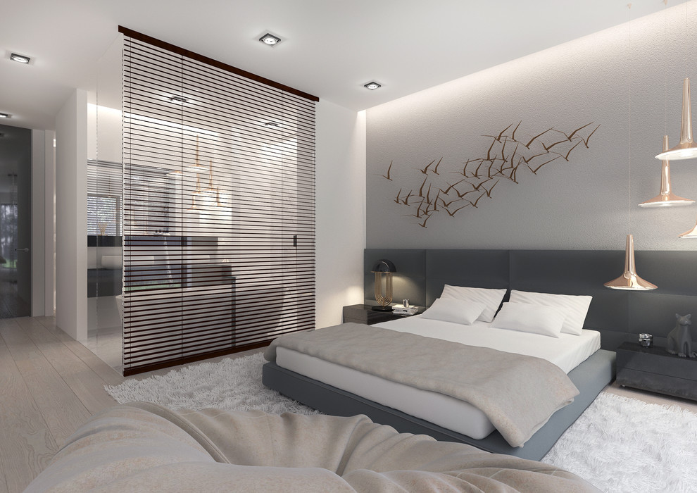 Свежая идея для дизайна: большая хозяйская спальня в стиле ретро с серыми стенами и светлым паркетным полом - отличное фото интерьера