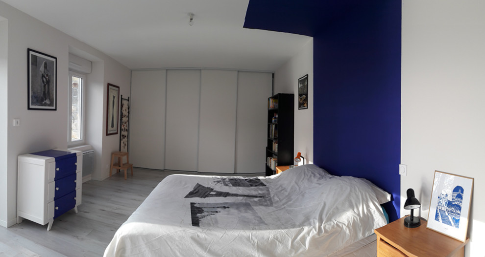 Свежая идея для дизайна: хозяйская спальня в современном стиле с разноцветными стенами - отличное фото интерьера