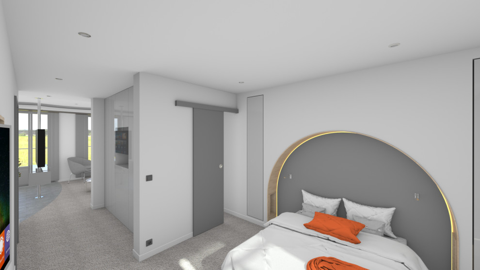 Источник вдохновения для домашнего уюта: большая хозяйская спальня в стиле модернизм с белыми стенами, ковровым покрытием и серым полом