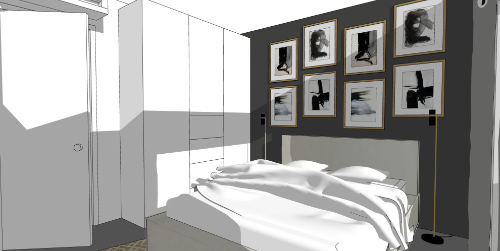 Inspiration pour une petite chambre parentale nordique avec un mur gris, un sol en carrelage de céramique et un sol gris.