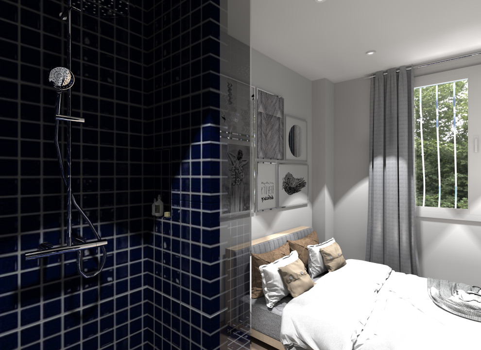 Diseño de habitación de invitados contemporánea pequeña sin chimenea con paredes blancas y suelo de madera clara