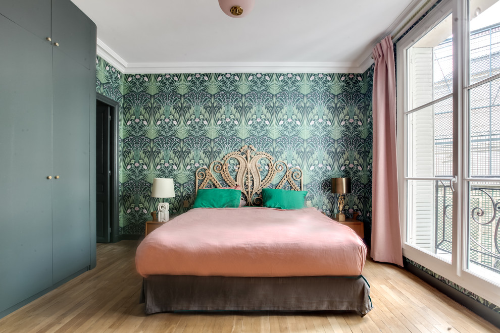 Inspiration for a classic grey and pink bedroom in Paris.