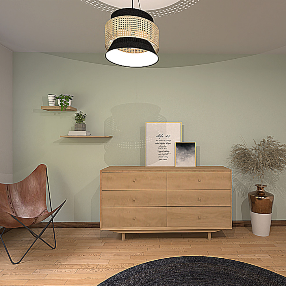 Imagen de habitación de invitados escandinava de tamaño medio sin chimenea con paredes verdes, suelo de madera clara y suelo marrón