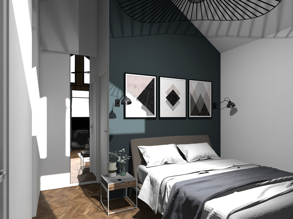 Источник вдохновения для домашнего уюта: хозяйская спальня среднего размера в классическом стиле с белыми стенами, полом из линолеума и коричневым полом без камина
