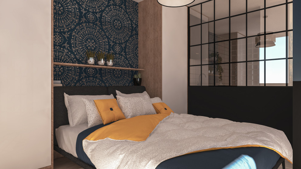 リヨンにある小さなインダストリアルスタイルのおしゃれな主寝室 (白い壁、淡色無垢フローリング、白い床、壁紙)