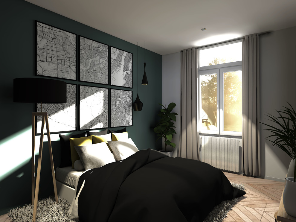 Imagen de habitación de invitados contemporánea pequeña sin chimenea con paredes verdes y suelo de madera clara