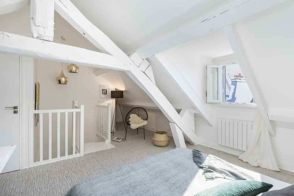 Design ideas for a medium sized scandi master bedroom in Paris with white walls, carpet and grey floors.