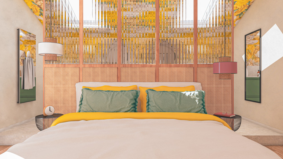 Imagen de dormitorio principal de estilo de casa de campo de tamaño medio con paredes blancas, suelo de madera clara, suelo beige y papel pintado