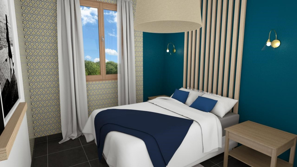 Diseño de habitación de invitados minimalista pequeña con paredes azules, suelo de baldosas de cerámica, suelo gris y madera