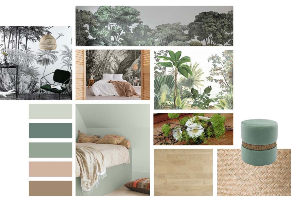 Ejemplo de dormitorio principal contemporáneo de tamaño medio con paredes verdes, suelo de madera clara y papel pintado