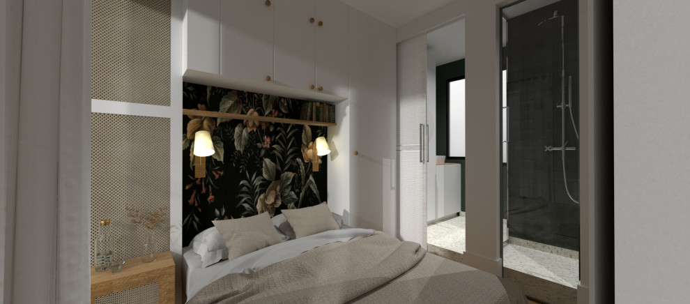 Kleines Klassisches Hauptschlafzimmer mit grüner Wandfarbe, hellem Holzboden und Tapetenwänden in Paris