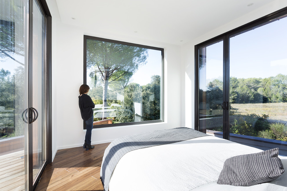 Ejemplo de dormitorio principal contemporáneo de tamaño medio sin chimenea con paredes blancas y suelo de madera en tonos medios