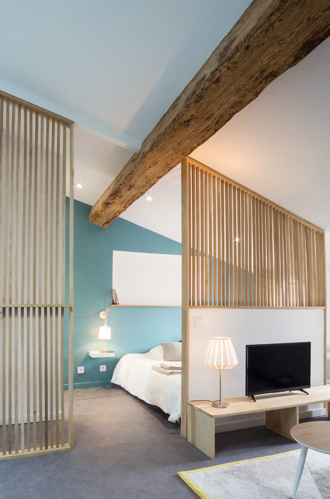 Пример оригинального дизайна: хозяйская спальня среднего размера: освещение в скандинавском стиле с синими стенами и ковровым покрытием без камина