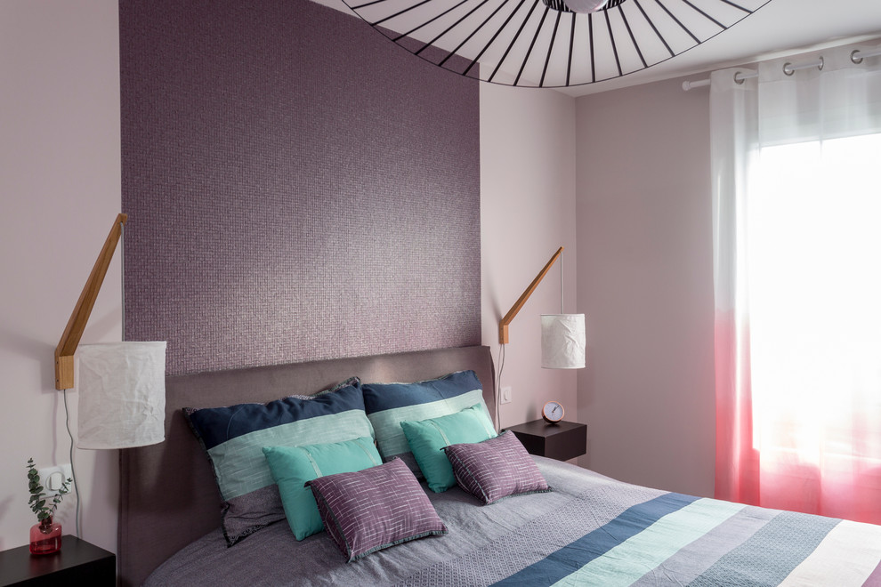 Bedroom - large contemporary master light wood floor bedroom idea in Bordeaux with purple walls