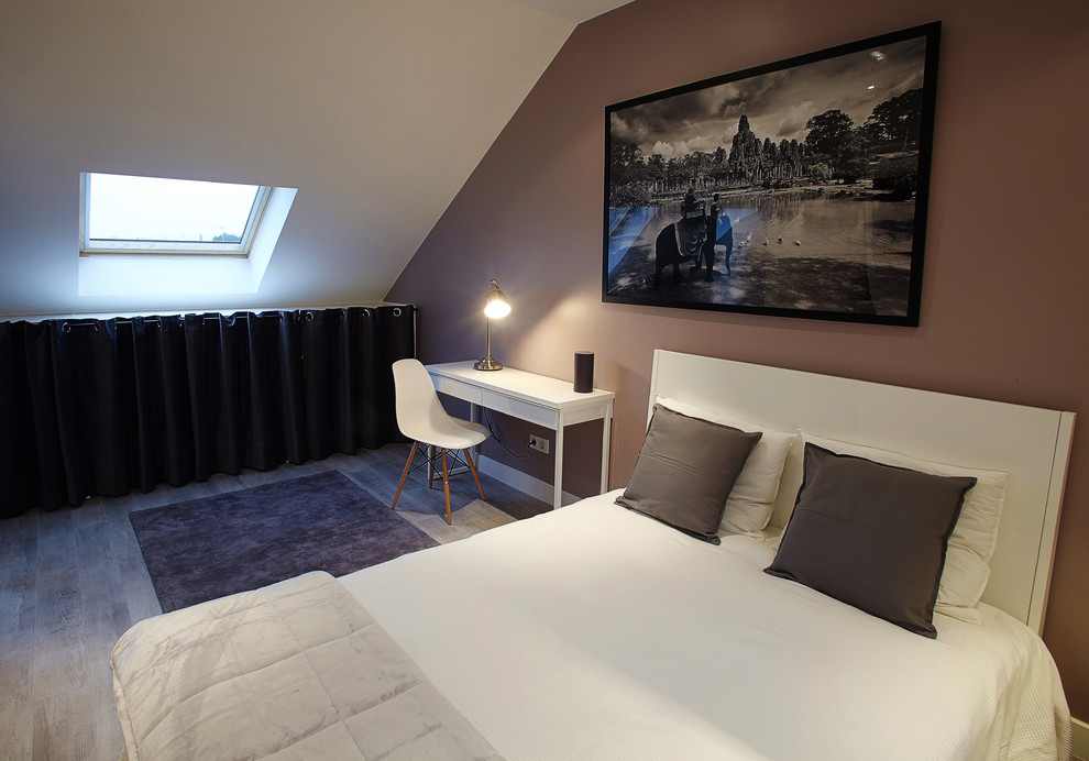 Design ideas for a medium sized scandinavian master bedroom in Paris with white walls, light hardwood flooring and beige floors.