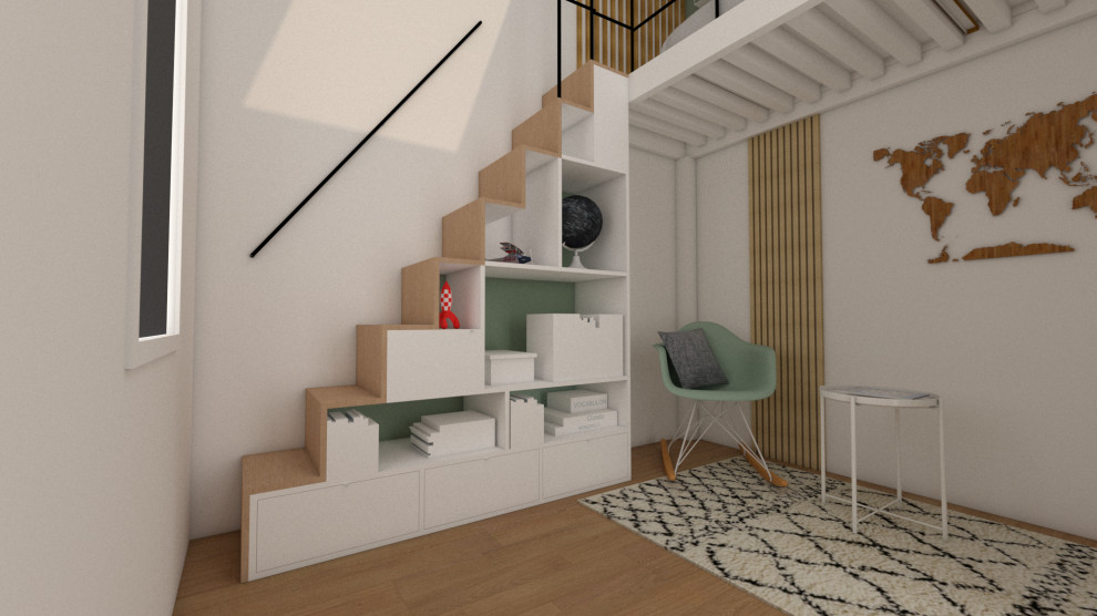 Exemple d'une petite chambre mansardée ou avec mezzanine scandinave avec un mur vert, un sol en bois brun et aucune cheminée.