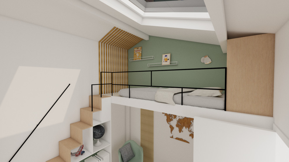 Kleines Skandinavisches Schlafzimmer ohne Kamin, im Loft-Style mit grüner Wandfarbe und braunem Holzboden in Lyon