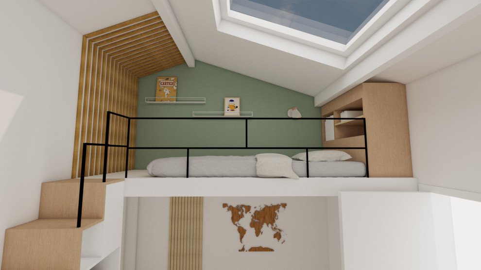 Ejemplo de dormitorio tipo loft escandinavo pequeño sin chimenea con paredes verdes y suelo de madera en tonos medios