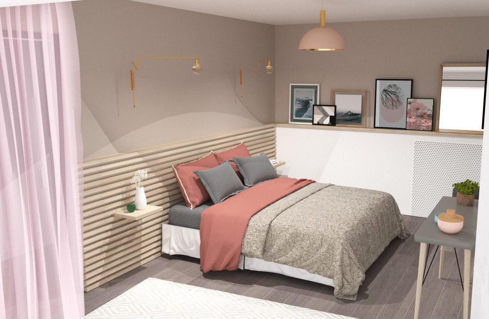 Ejemplo de dormitorio principal nórdico grande sin chimenea con paredes rosas, suelo de madera oscura y suelo gris